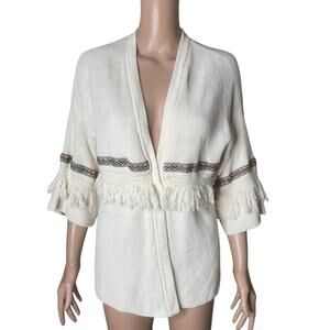 H&M Coachella Cardigan Womens Small Open Front White Fringe Tribal Embroidered